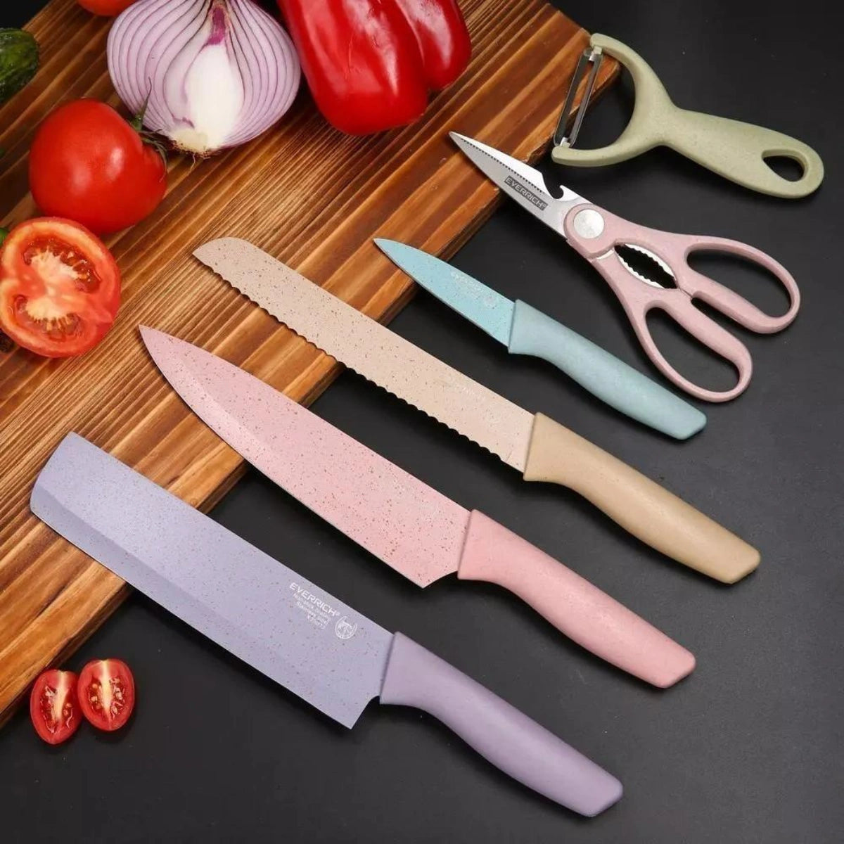 Kit 6 Peças - Conjunto Profissional de Facas e Utensílios de Cozinha em Aço Carbono